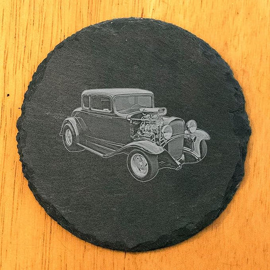 1932 Chevy Hot Rod: Laser-Etched Coasters for Gearheads - Round Slate - Set of 5