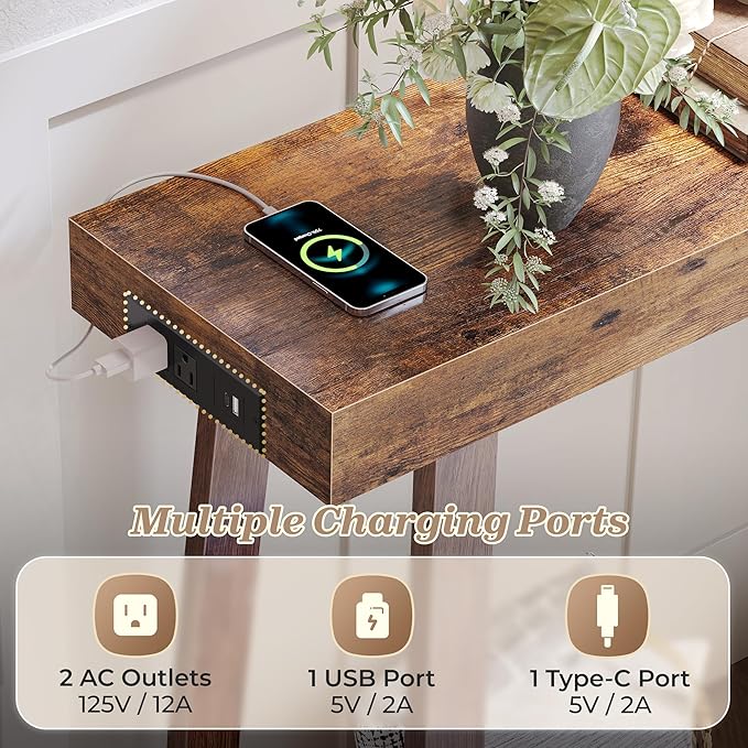 Huuger Entryway Console Table with Charging Station, USB-C Port, 47.2 Inch Sofa Table with Metal Legs, Entry Hallway Table with Thicker Desktop, Modern Behind Couch Table, Rustic Brown