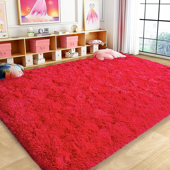 8x10 Large Area Rugs for Living Room, Ultra Fluffy Shag Rug for Bedroom, Modern Plush Soft Carpet for Girls Boys Kids Room Dorm Fuzzy Non Slip Rug for Home Decor Aesthetic, Red