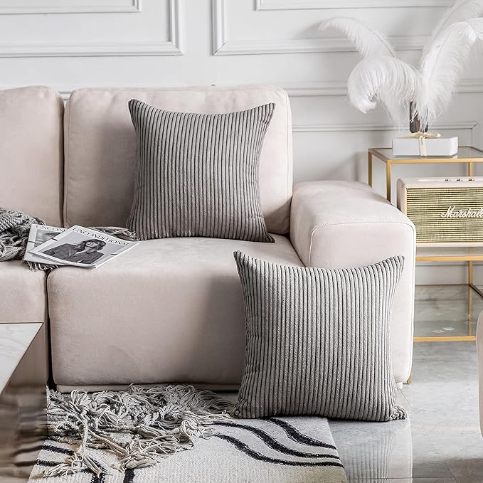Home Brilliant Throw Pillow Covers 26x26 Euro Sham Covers Super Soft Striped Corduroy Decorative for Couch Bench Sofa Bedroom Patio Furniture, Set of 2, 26 x 26 inch, Ash Grey