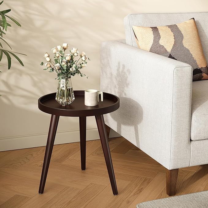 Apicizon Round Side Table, Brown Tray Nightstand Coffee End Table for Living Room, Bedroom, Small Spaces, Easy Assembly Bedside Table, 15 x 18 Inches