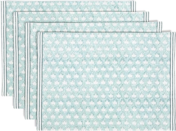 Over&Back Set of 4 Hand-Blocked Placemats - Colorful Dining Table Mat - Each Placemat is Unique - 100% Cotton - Machine Washable - Kitchen and Home Decor - Blue Leaf