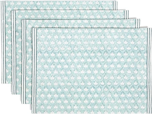 Over&Back Set of 4 Hand-Blocked Placemats - Colorful Dining Table Mat - Each Placemat is Unique - 100% Cotton - Machine Washable - Kitchen and Home Decor - Blue Leaf