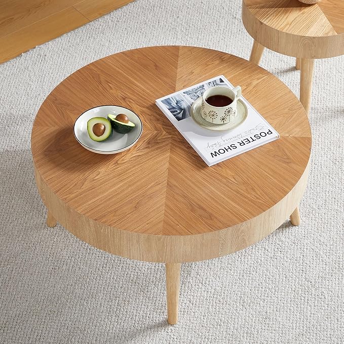 2 Pieces Round Wood Coffee Table Set, Modern Sofa End Table, Accent Side Table for Living Room ﻿ (Natural)
