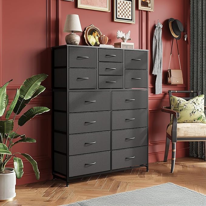 Tall Console Table with 15 Fabric Drawers, Entryway Table with Storage, Tall Storage Organizer with Wood Top, Steel Frame for Living Room, Hallway, Office, Black