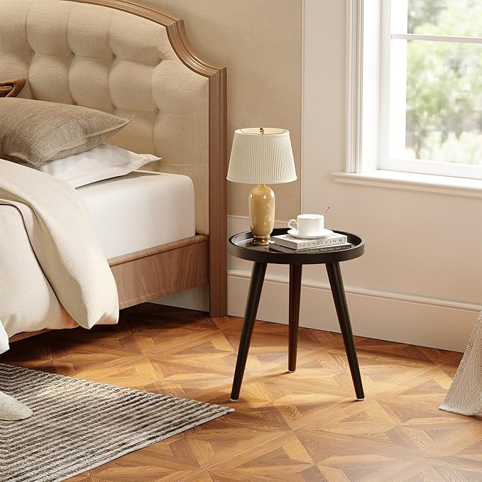 Apicizon Black Round Side Table, Tray Nightstand Sofa Coffee End Table for Living Room, Bedroom, Small Spaces, Easy Assembly Bedside Table, 15 x 18 Inches, Black