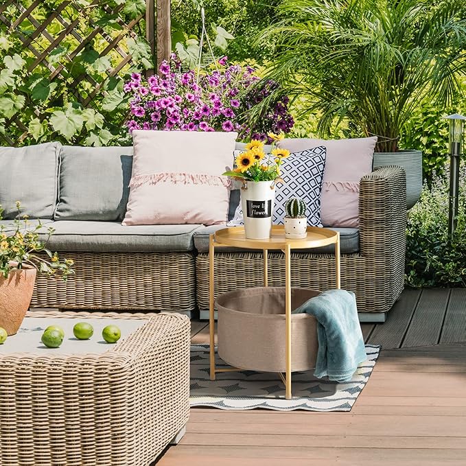 danpinera Round Side Table with Fabric Storage Basket, Metal Side Table Small Bedside Nightstand with Removable Tray Top for Living Room, Bedroom, Nursery, Laundry, Pale Yellow