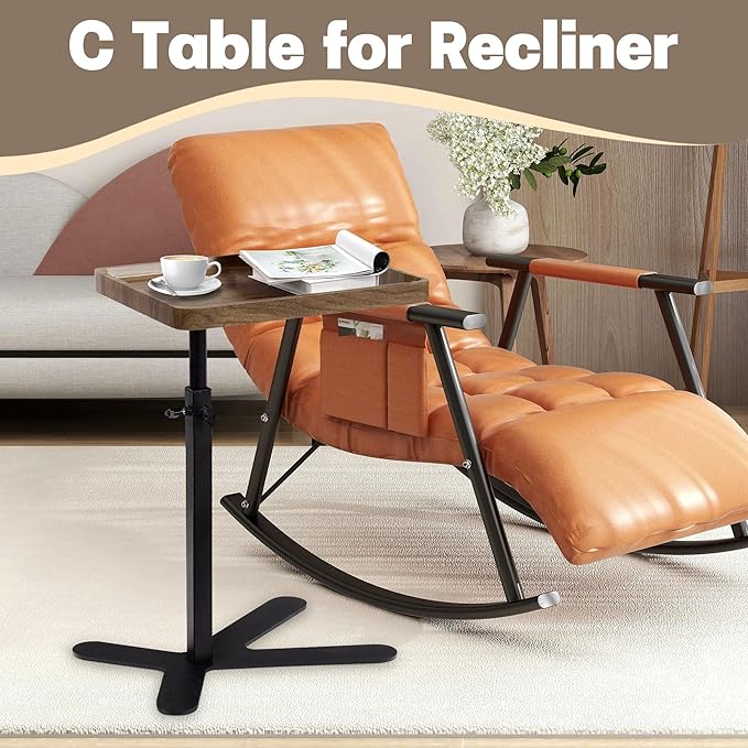 Aoligrace Walnut Side Table Adjustable Height, 360° Swivel C Shaped End Table with Metal Base, Small TV Tray for Living Room Bedroom Small Spaces, Sofa Couch Tables That Slide Under