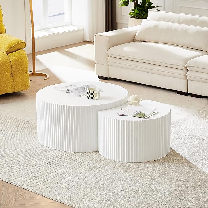 Nesting Coffee Table Set of 2, Modern Round Wooden Circle Accent Coffee Tables for Small Spaces Living Room Bedroom Balcony Office Drum Side Table