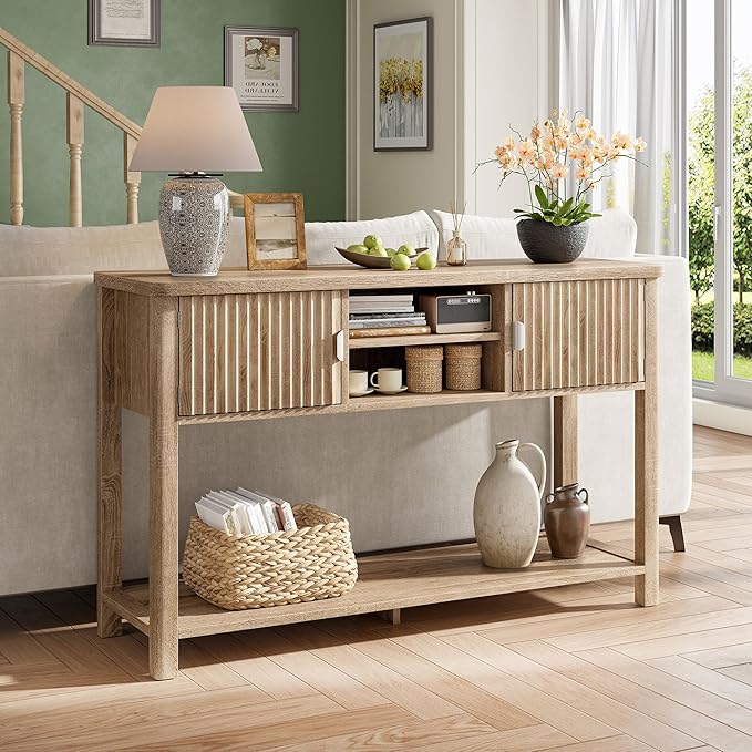 Fluted Console Table with 2 Door Cabinets, Modern Entryway Table with 3 Open Storage Shelves, Narrow Behind Couch Sofa Table for Living Room, Hallway, Foyer, 45.7" W×13.8" D×33.5" H, Oak