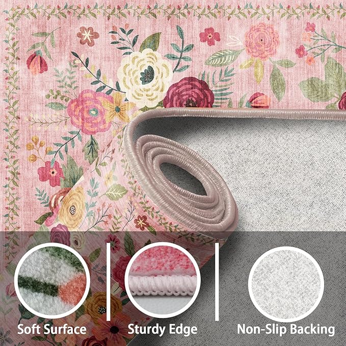 Pink Area Rugs 24x17 Inch Home Decor Entry Rug, Small Door Mat Bath Mats for Bathroom, Ultra-Thin Non Slip Floral Low Pile Tub Mat for Sink Shower Doorway Tub Kitchen Sink(2 x 1.4 ft, Pink Lawn)