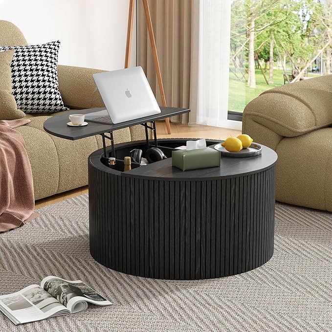 Round Fluted Lift Top Coffee Table, Mid Century Modern Center Table with Storage and Compartment, 2 Tier Small Circle Dining Table, for Living Room, Home Small Space, Black