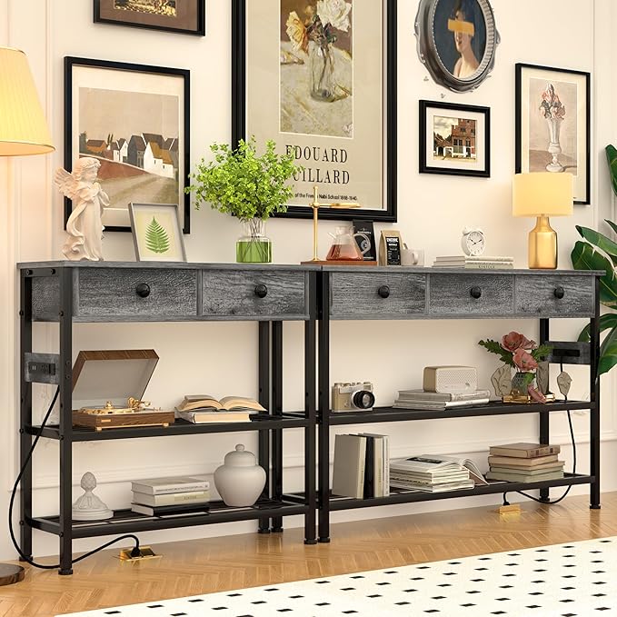 GRLEAF 32" Console Table with Outlets & USB Ports – Narrow Entryway Table with 2 Drawers and Storage Shelves, Power Strip Sofa Table for Living Room, Hallway, Kitchen, Foyer – Grey Wood Finish