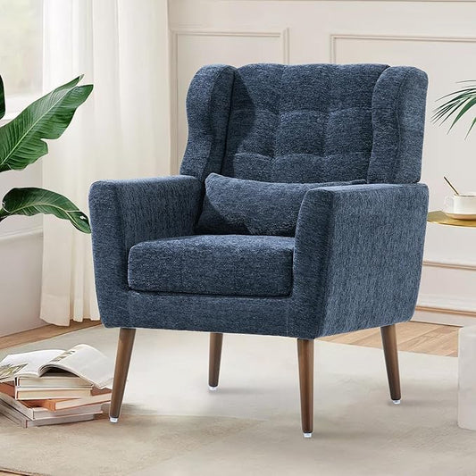 Modern Accent Chair, Upholstered Arm Chair with Waist Pillow, Single Sofa Chair for Living Room Bedroom Small Spaces (Blue)