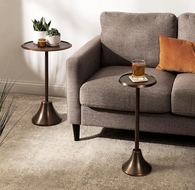 Kate and Laurel Sanzo Modern Pedestal Drink Table, 9 x 9 x 23, Bronze, Decorative End Table with Hammered Tabletop