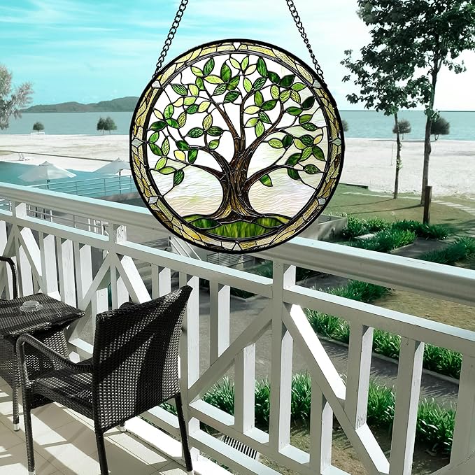 Stained Glass Window Hanging - Brown Tree Trunk Green Leaves Sun Catcher for Door Garden Home Decor Plant Suncatcher Christmas Mother's Day Birthday Gifts for Women Men Mom Nana 9.8 in