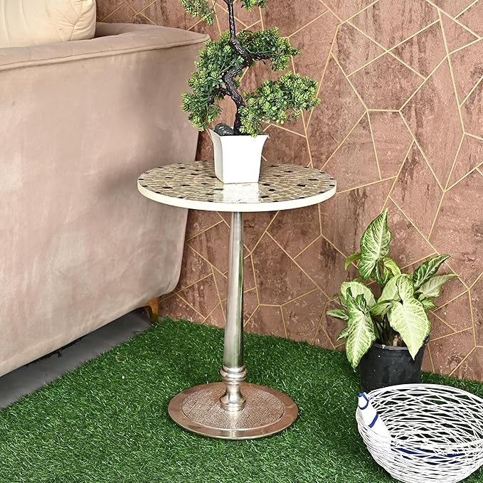 CLEENTABLE Mosaic Round End Table - Top End Tables for Living Room & Bedroom - Modern Side Table with Durable Enamel Top & Metal Legs - Lightweight Accent Table for Sofa, Bed (Ivory Silver)