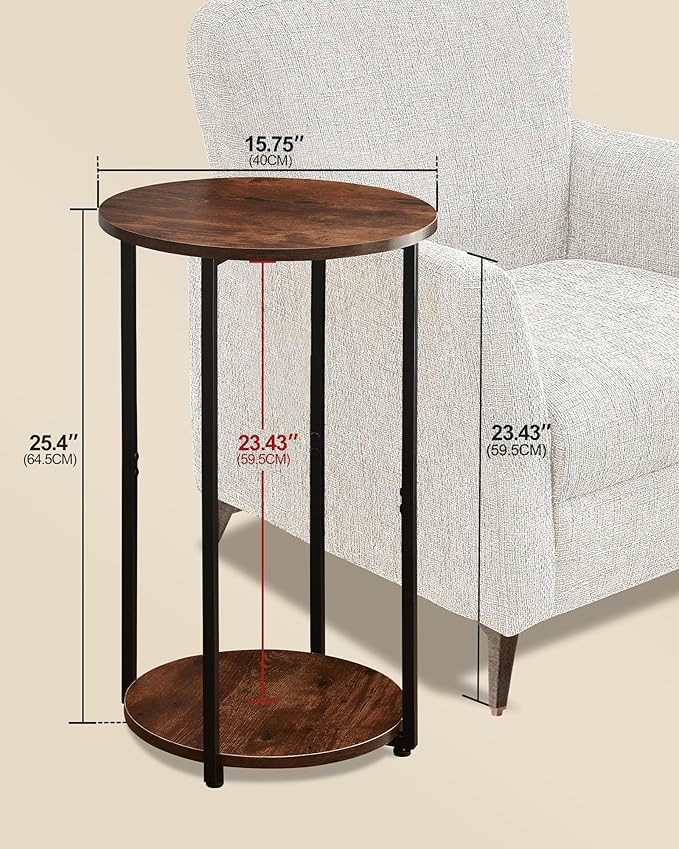 Round Side Table, Small End Table with Storage Shelf, Accent Table for Living Room, Bedroom and Small Spaces, Metal Frame, Rustic Brown & Black, 15.75" Dia x 25.4" H