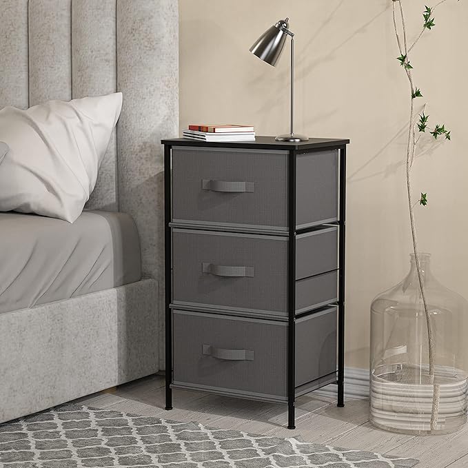 Simple Houseware 3 Drawer Nightstand Dresser with Wood Top, Dark Grey
