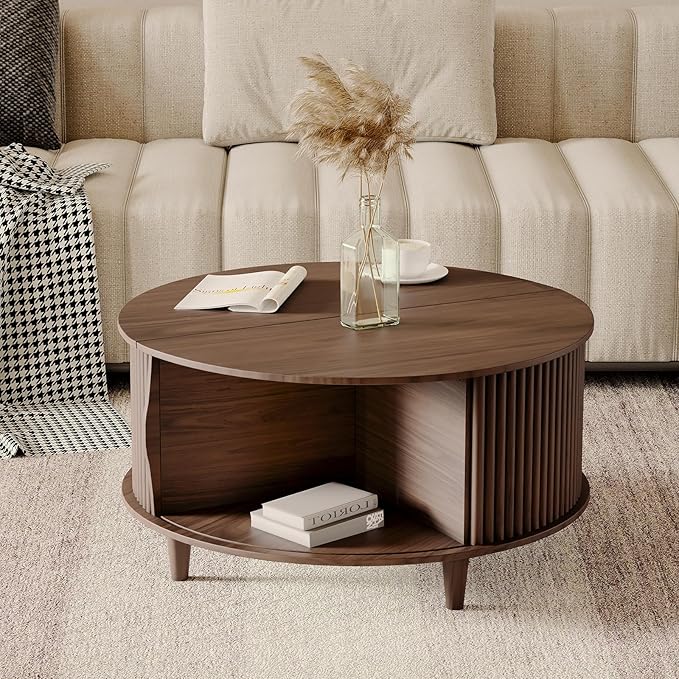 Round Coffee Table with Storage, Mid Century Modern Center Table with Sliding Cabinet Door, Fluted Dining Table for Living Room, Home Small Space, 31.5", Walnut