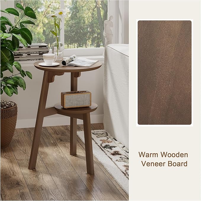 ChooChoo Round End Table for Small Spaces, Narrow Side Table, Accent Table Night Stand with 2 Tier Shelf for Bedroom and Living Room, Walnut