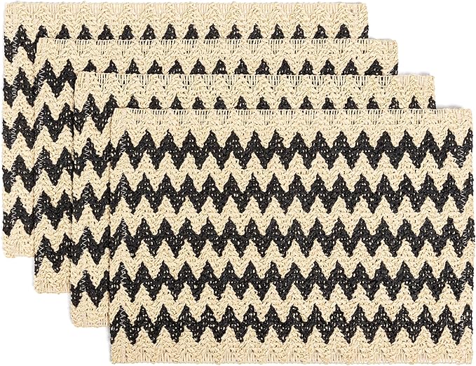 Over&Back Set of 4 Woven Fiber Placemats - Dining Table Mat - Made with Natural Paper Fibers - Kitchen and Home Decor - Chevron - Black