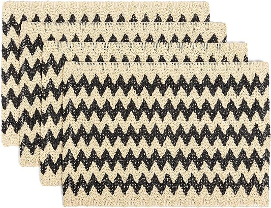 Over&Back Set of 4 Woven Fiber Placemats - Dining Table Mat - Made with Natural Paper Fibers - Kitchen and Home Decor - Chevron - Black