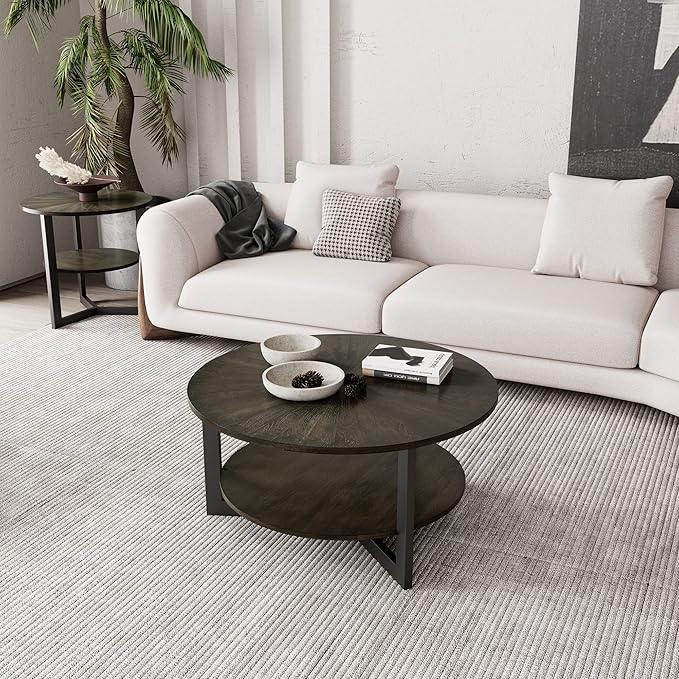 Round Coffee Table with Storage Shelf, 33.5in Circle Accent Center Table with Black Metal Legs, 2-Tier Industrial Cocktail Table for Living Room, Black-1338BK