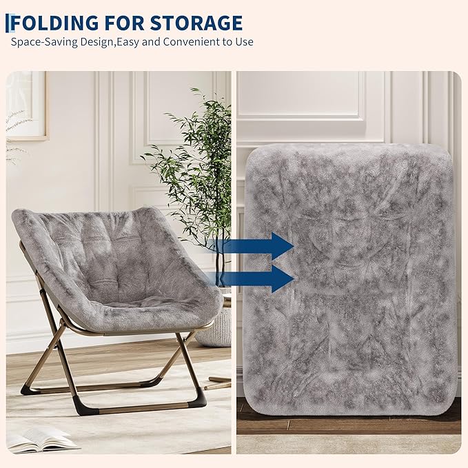 Folding Saucer Chair for Adults, Comfortable Living Room Lounge Chair with Soft Faux Fur Cushion, No Assembly Required, Foldable Accent Furniture for Apartments/Dorms/Bedrooms, Grey