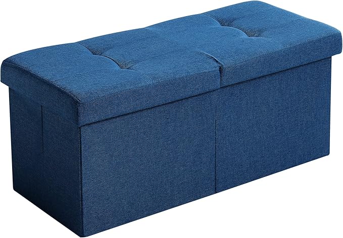 CUYOCA Storage Ottoman Bench Foldable Seat Footrest Shoe Bench End of Bed Storage with Flipping Lid, 75L Storage Space, 30 inches Linen Fabric Dark Blue