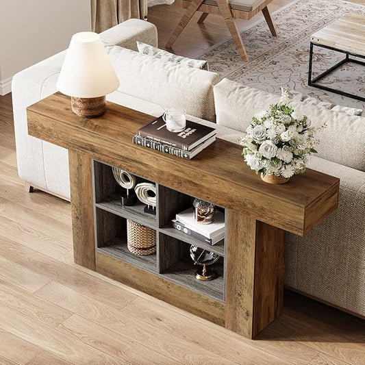 LITTLE TREE 63-Inch Farmhouse Console Table, Long Narrow Sofa Table with Storage, Entryway Table Behind Couch, Large Foyer Table for Living Room, Hallway (Vintage Brown)