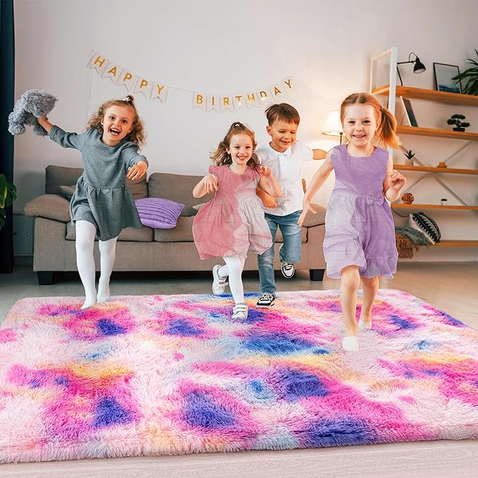 Ultra Fluffy Rug for Living Room Bedroom, 5x7 Fuzzy Large Area Rug for Living Room, Plush Soft Shag Carpet for Girl Boy Kids, Non Slip Rug Modern Indoor Home Decor Aesthetic, Dark Rainbow