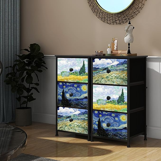 Dresser with 3 Drawers Van Gogh Drawer Dresser for Bedroom Narrow Nightstand Small Dressers & Chests of Drawers for Halfway Entryway Closets Living Room Sturdy Steel Frame Wood Top