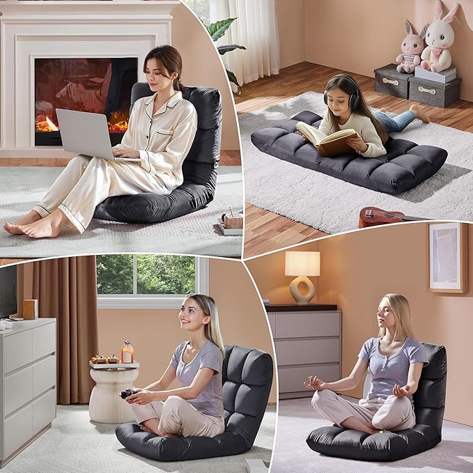 Yaheetech Floor Folding Chair with Back Support, Padded Folding Gaming Sofa Chair with 14 Adjustable Backrest, Adults Couch Recliner, Floor Seating Lounge Chair, Armless Meditation Chair, Gray