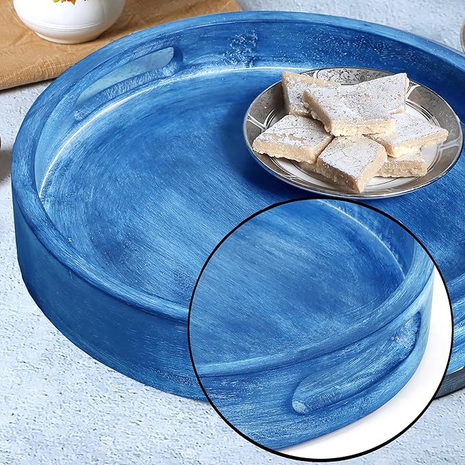 12" Decorative Wooden Serving Tray - Perfect for Breakfast, Lunch, Dinner, Appetizers, Patio, Ottoman, Coffee Table - Durable Living Room and Couch Tray (Blue) - CLEENTABLE