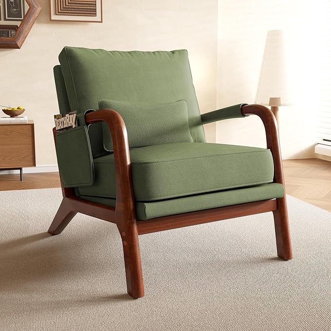 Mid Century Modern Chair, Upholstered Lounge Arm Chair with Solid Wood Frame, Comfy Accent Chair for Living Room, Bedroom, Reading, Reception,Green