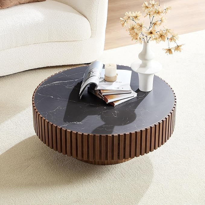 35" Round Coffee Table with Marble Tabletop, Modern Circle Coffee Table, Fluted Luxury Wooden Center Table, Drum Accent Tea Stone End Table for Living Room Apartment Bedroom, Walnut