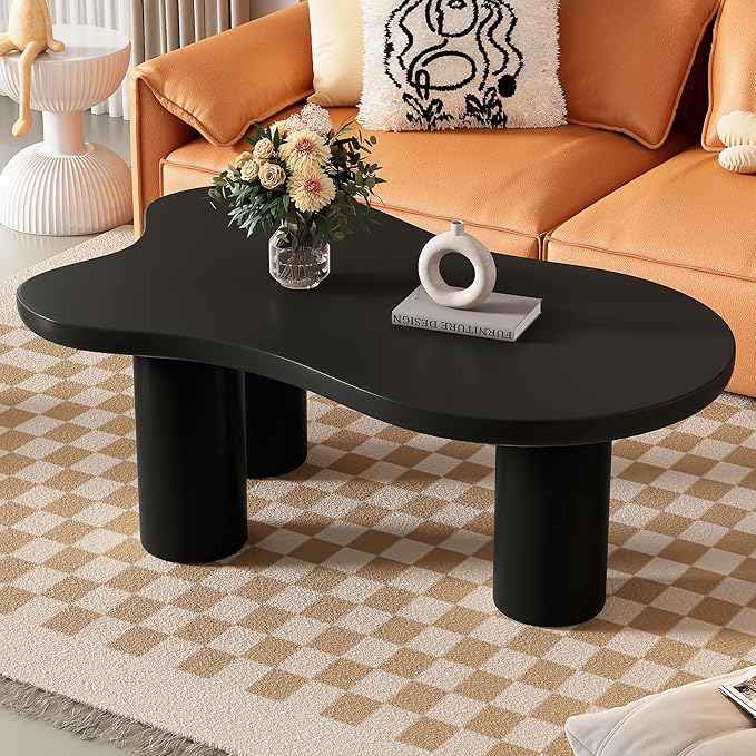 GDFStudio 44'' Cloud-Shaped Coffee Table,Minimalist Center Table with 3 Sturdy Legs & 1.5'' Thick Top,Easy Assembly Round Edge Irregular End Table for Living Room, Bedroom,or Patio,Black
