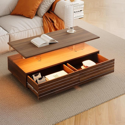 Modern Rectangular LED Coffee Table w/ 2 Storage Drawers, 2-Tier Living Room Center Table w/Adjustable Brightness Multi-Color LED Lights, Cocktail Tea Table w/Open Shelf, Walnut