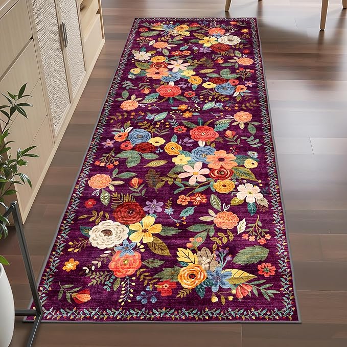 Rug for Hallways Kitchen Rug 2x6, Non Slip Washable Rugs with Rubber Backing Soft Floral Carpet Runner for Hallways, Kitchen, Laundry, Bedroom, Bathroom (2 x 6, Purple Lawn)