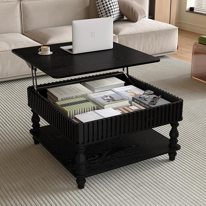 31.5" Lift Top Fluted Coffee Table with Hidden & Open Storage, Modern Square Wooden Center Table Cocktail Tea Table with Curved Safety Corners and Adjustable Height for Living Room, Black