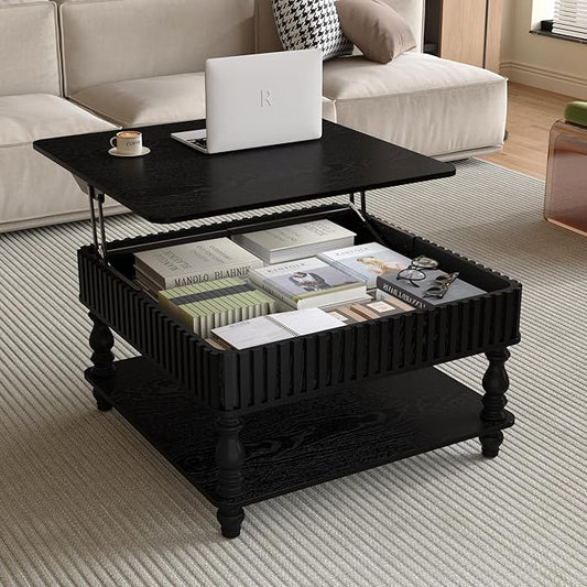 31.5" Lift Top Fluted Coffee Table with Hidden & Open Storage, Modern Square Wooden Center Table Cocktail Tea Table with Curved Safety Corners and Adjustable Height for Living Room, Black