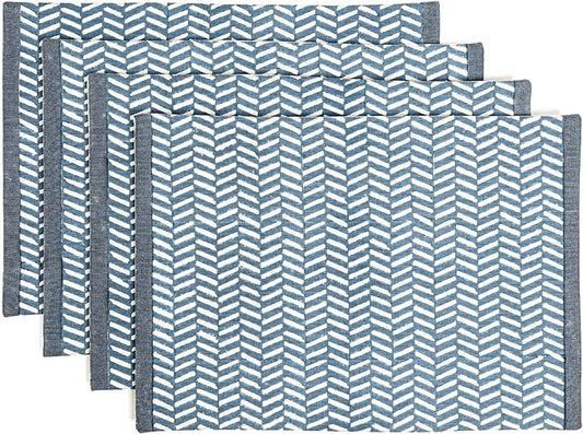 Over&Back Set of 4 Hand-Blocked Placemats - Colorful Dining Table Mat - Each Placemat is Unique - 100% Cotton - Machine Washable - Kitchen and Home Decor - Blue Herringbone