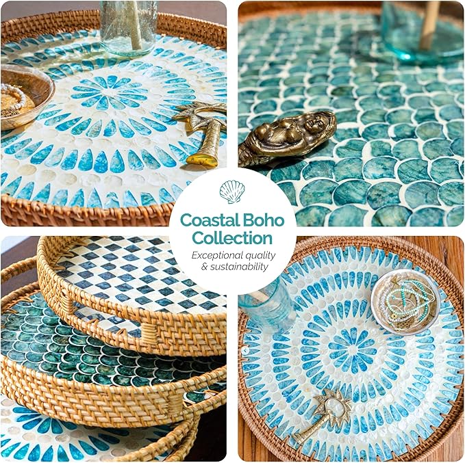 JUNGLE CULTURE Large Rattan Serving Tray 14" with Mother of Pearl Inlay • Coastal Boho Collection • Handcrafted Serving Tray with Handles • Round Woven Table Trays for Home • Wicker Basket – Ripple