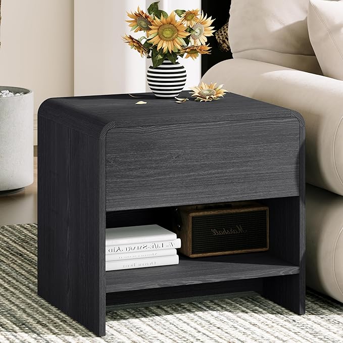 Nightstand with Drawer and Open Shelf, Wood Bedside Table Farmhouse End Table for Bedroom, Boho Night Stand Small Sofa Side Table for Living Room, Black