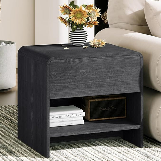 Nightstand with Drawer and Open Shelf, Wood Bedside Table Farmhouse End Table for Bedroom, Boho Night Stand Small Sofa Side Table for Living Room, Black