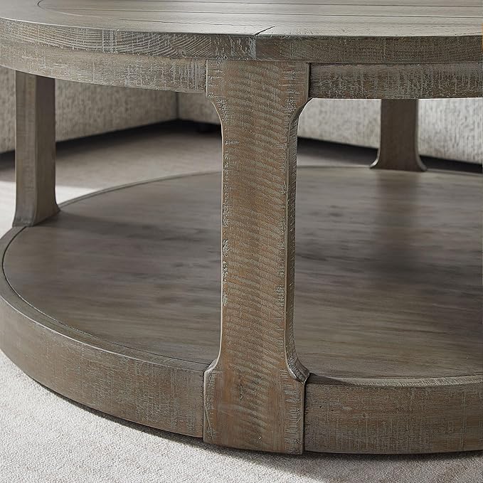 40inch Large Curved 2 Tier Traditional Round Circle Wooden Center Coffee Table,Rounded Table with Wheels,Farmhouse Rustic Style Table for living Room,Office,Apartment,Light Brown(ø40'' x 17.52'')