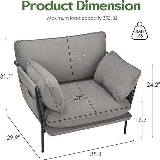 Modern Accent Chairs Set of 2, Oversized Living Room Chairs, Reading Chair with Solid Metal Legs, Fabric Armchair with Side Pockets and 2 Pillows, Accent Chairs for Bedroom, Nursery, Khaki