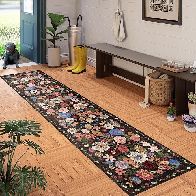 Floral Hallway Runner Black Carpet Non-Slip, 2x10 Washable Rug Ultra-Thin Soft for Hallways, Kitchen Mat Stain Resistant for Entryway Bathroom (2 x 10, Black Garden)