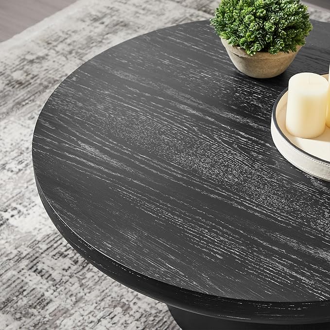 35.98'' Black Round Coffee Table, End Table Modern Coffee Table Wood Small Coffee Table with Cylindrical Leg, Wood Veneer Tabletop Table, Rounded Sofa Side Table for Living Room (ø35.98'' x 15.98'')
